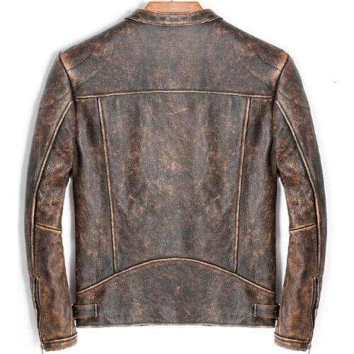 Genuine Jacket Motorcycle Men Vintage Brown Stand Collar Retro Winter Autumn Real Cow Leather Coat chaqueta cuero hombre