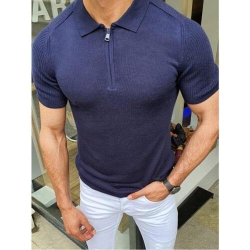Mens Lapel Short Sleeve POLO TShirt Solid Color Slim Knit Top Men Polo Shirts Clothing Oversize Collared Casual Shirt 2020