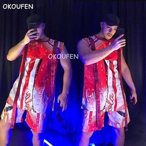 Nightclub bar male singer DJ DS hip-hop print loose vest costume suit stage show performance set
