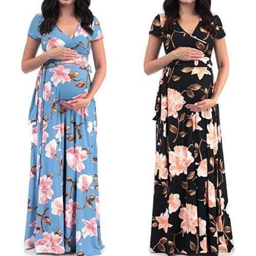 V-neck short-sleeved belt printed maternity dress plus size dress beach dress