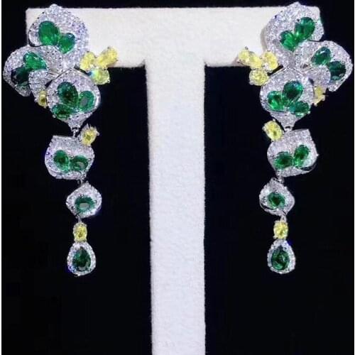 Luxury Flower Earring Real 925 Sterling silver Emerald Diamond cz Party Wedding Drop Earrings for Women Bridal Jewelry Gift
