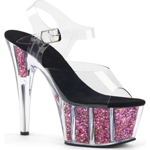 2018 New performance steel pole dancing shoes, 15CM transparent ultra-fine and runway crystal waterproof platform photo sandals