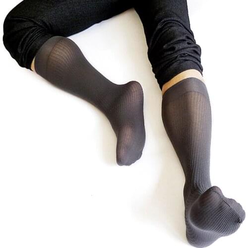 Thin Mens Silk Socks For Gentlemen Dress Male Leather Shoes Socks Striped Gay Sexy Socks Fetish Collection Black Gray