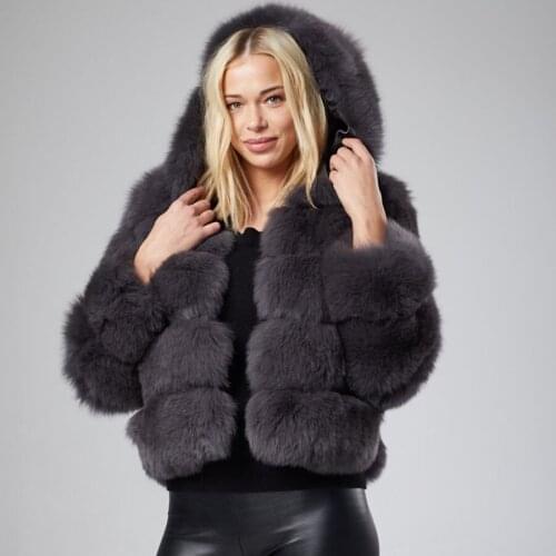 CNEGOVIK Cropped Fashion Hooded Fur Coat Women Winter Warm Genuine Fox Fur Jacket