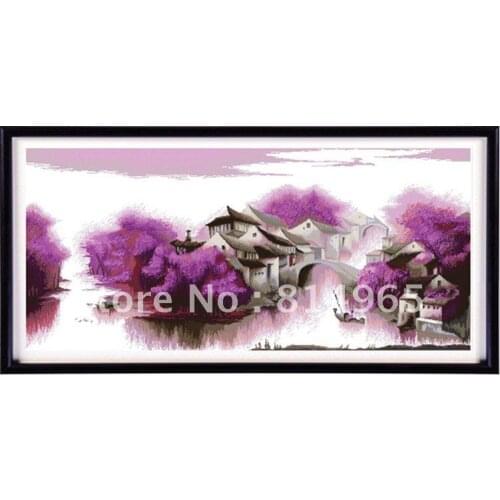 Embroidery 3 Sets (1 lot=3 Sets)Luxurious Purple Dream State Scenery Cloud Flower Tree Building Cross Stitch