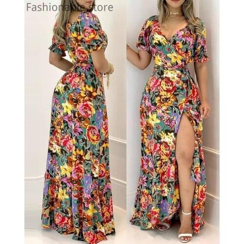 Women Floral Print Side High Slit Short Sleeve Maxi Dress