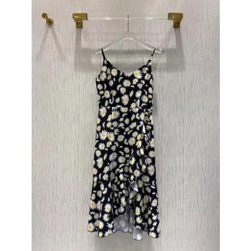 Runway Summer Sexy Spaghetti Strap Dress Women Daisy Print V-Neck Sleeveless Cascading Ruffle Beach Midi Split Dresses