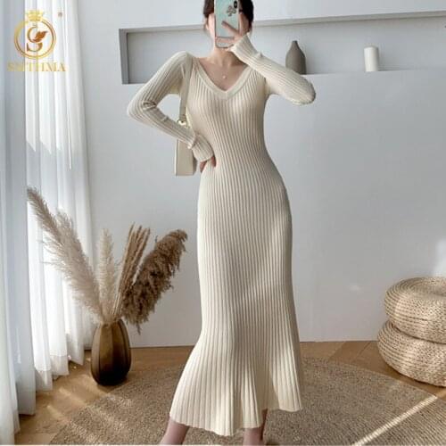 SMTHMA New Autumn Winter Knit Dress Women Casual V-Neck Slim Bodycon Robe Sweater Dresses Office Lady Long Dress Vestidos