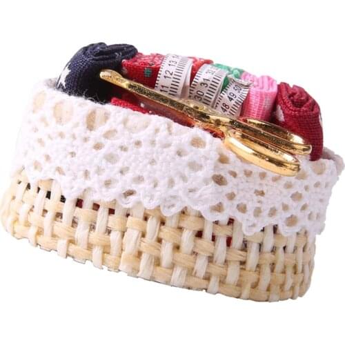 1/12 Dolls Sewing Set Wicker Basket Accessories Dollhouse Miniature Decor
