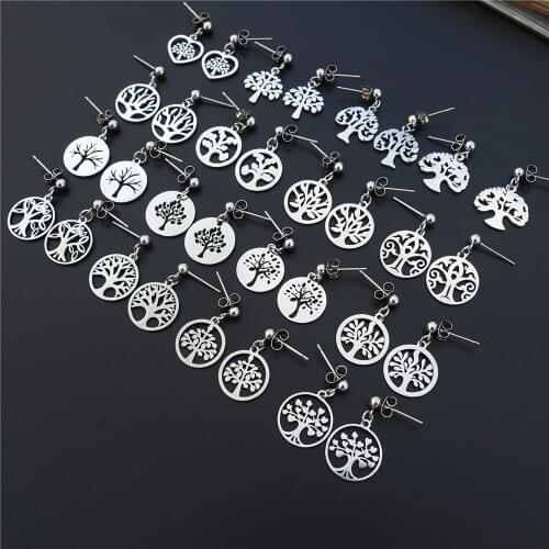 Stainless Steel Earrings Life Tree Plant Women Girls Jewelry Wholesale 12 pairs/lot Mix Styles
