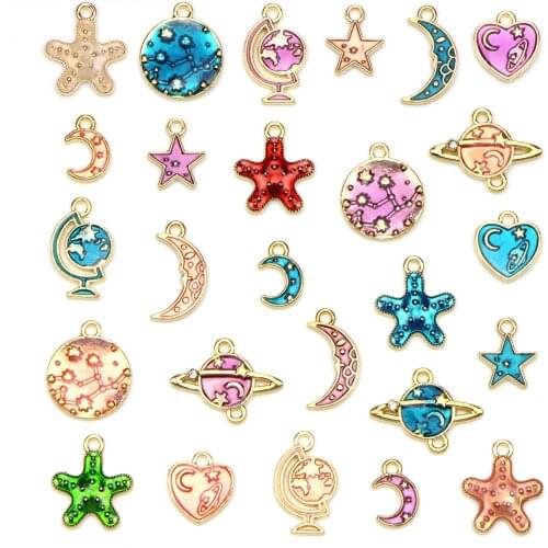 26PCS/Sets Coloful Nautical Ocean Starfish Star Planets Moon Enamel Charms DIY Bracelet Necklace Jewelry Accessory DIY Craft