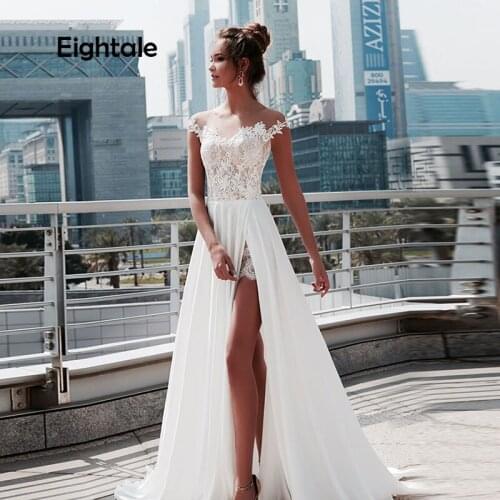 Eightale Vintage Wedding dresses Beach Scoop Appliques Lace Boho Wedding Gowns Cap Sleeve Chiffon Simple Bride Dress 2019