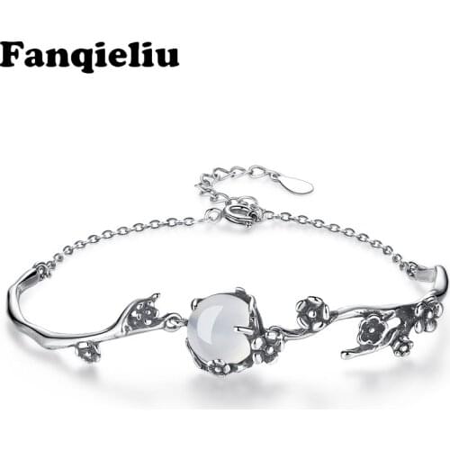 Fanqieliu Adjustable 925 Sterling Silver Chain Bracelet Styles Plum Flower Opal Stone Beads Charm Bracelets For Women FQL20BR1