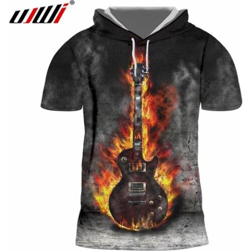 UJWI Mens New Cool Tee Shirt 3D Printed Creative Flame Guitar Stitching Vortex Clothing Man Spandex Hooded Tshirt Dropshipping