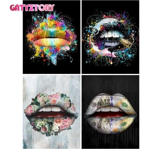 GATYZTORY 60x75cm Painting By Numbers Flower Lips DIY Paint By Numbers For Adult Frameless Digital Painting On Canvas Unique Gif