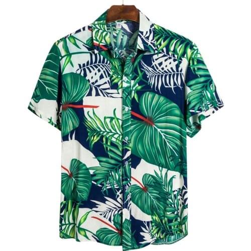 Boy Hawaiian Shirt Green Mens Chinese Short Sleeve Tops Print Blouse Turn-down Collar shirts fashion Camisas Hombre 2020