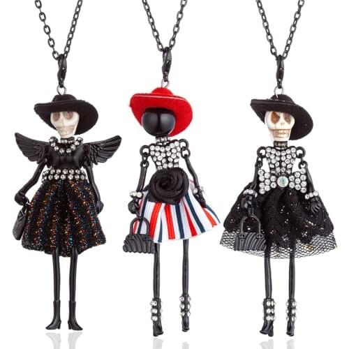HOCOLE Fashion Long Chain Doll Pendant Necklaces Handmade Hat Wing Shiny Fur Dress Crystal Doll Statement Necklace Women Jewelry