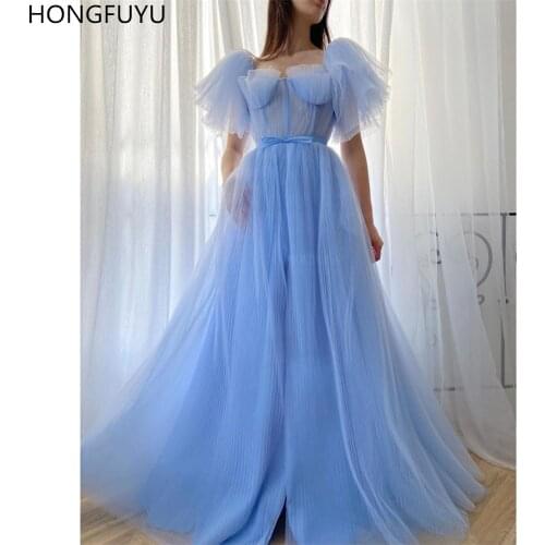 HONGFUYU Princess Baby Blue Pleated Prom Dresses Long 2021 Sweetheart Tulle Evening Formal Gowns Front Split Vestido de Fiesta