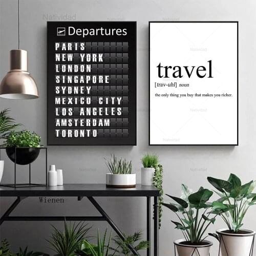 Canvas Painting Travel Departures Nordic Posters Black and White Quotes Wall Art Picture and Prints Living Room Frameless Decor