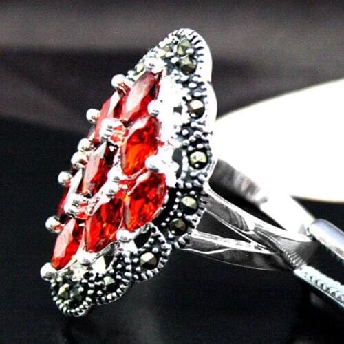 Wholesale good Pretty Art 12X24mm Sterling Red Gem Marcasite Ring Size 7/8/9/10