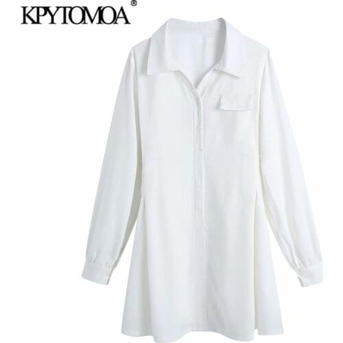 KPYTOMOA Women 2021 Fashion Pleats Fitted White Mini Dress Vintage Long Sleeve Button-up Female Dresses Vestidos Mujer