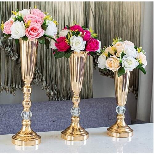 Metal Wedding Flower Trumpet Vase with Crystal Bead, Table Decorative Centerpiece Height Artificial Flower Arrangements qq410