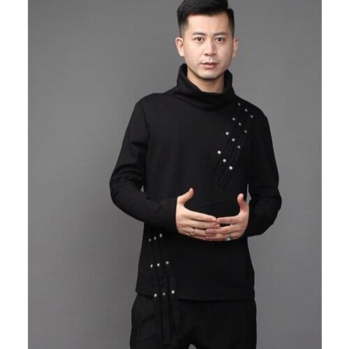 Autumn tide dark brand personality irregular stitching Lapel long-sleeved t-shirt mens Korean version of high-necked undershirt