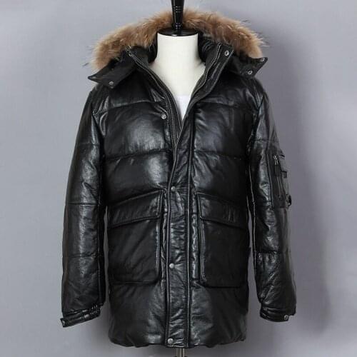 Fashion Genuine Leather Jacket Men Black Cowskin Down Jacket Fur Hooded White Duck Down Coat Long Two Pockets Winter Coat