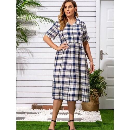 DOIB Plus Size Dresses Plaid Turn Down Collar Large Size Dresses 2020 Summer Oversize Bobycon Dress 2XL 3XL 4XL 5XL