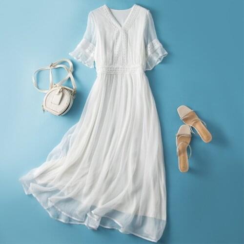 Mulberry Silk dress Women White Female Red Black Green Pink thin high-end long skirt very fairy 2021 summer new beach Dress