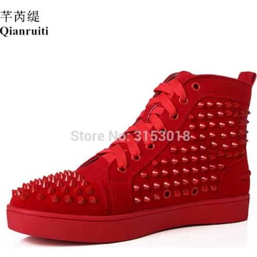 Qianruiti Red Rivets High Top Sneakers Men Casual Shoes Ankle Footwear Flat For Fashion Show Club Dancing Shoe