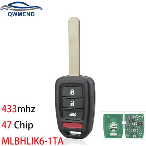 BHKEY MLBHLIK6-1TA Remote Car Key for Honda Accord CR-V CIVIC 2016 2017 for Honda Key 3+1 Buttons 433mhz ID47 Chip