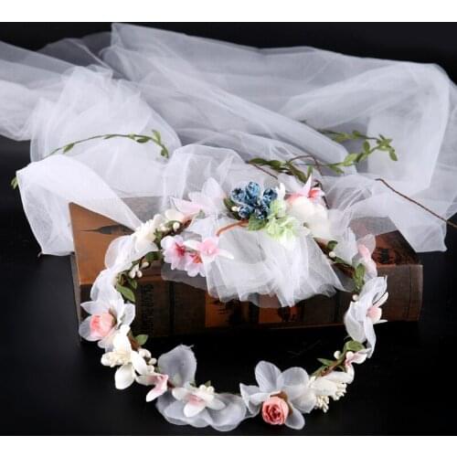 Handmade Blueberry Wreath Tiara White Veil Fabric Flower Bridal Headpiece Wedding Accessories LB