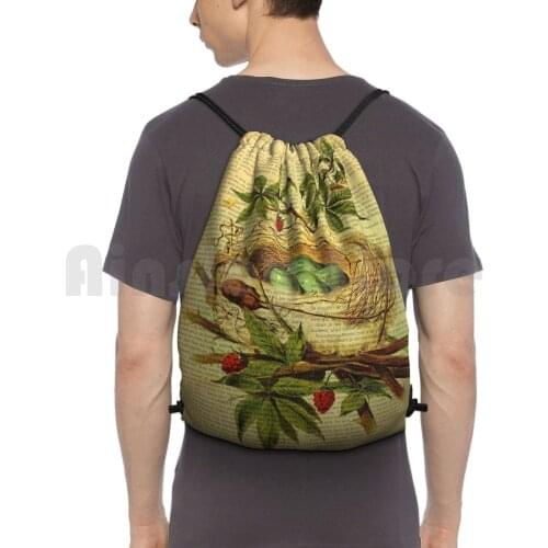 Vintage Print , On Old Book Page-Bird Nest Backpack Drawstring Bag Riding Climbing Gym Bag Botanical On Old Book Page Nest