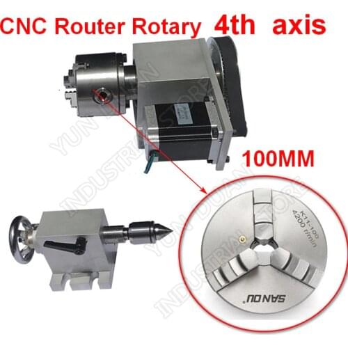 4 Axis rotation A Axis Extend Rotary 100mm Chuck & Nema23 stepper motor& MT2 Tailstock for wood metal plastic CNC Milling Router