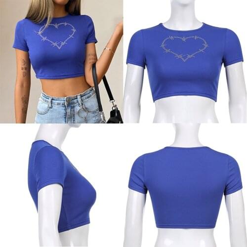 2021 Summer Heart-shaped Rhinestone Bling Shiny Drill Y2k Women Blue Tshirt Crop Top Tees Female Hip Hop Slim T-shirt Streetwear