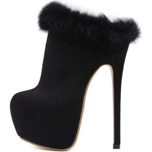 Women Shoes Platform Black Thin High Heels Ankle Boots Fur Decor Round Toe Slip On Heels Mules Pumps Woman Party Dress Shoes
