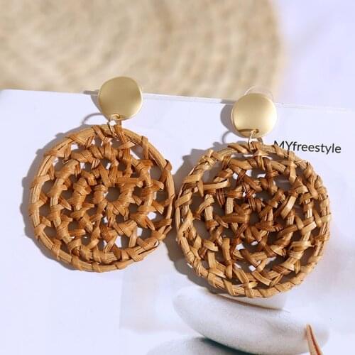 Boho Female Handmade Hollow Wooden Rattan Knit Drop Earrings For Women 2019 Fashion Round Geometric Hanging Earring Jewelry Gift