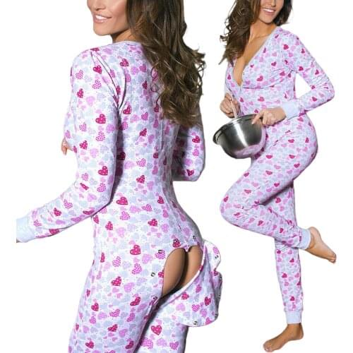 Valentines Day Sleepwear Jumpsuit Long Sleeve Butt Flap Romper Women V-neck Heart Lip Bodycon Rompers Overalls
