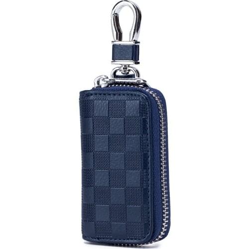Women Men Car Key Pouch Mini Diamond Lattice Brand Designer Mini Split Leather Keychain Pouch Holder Zipper Around