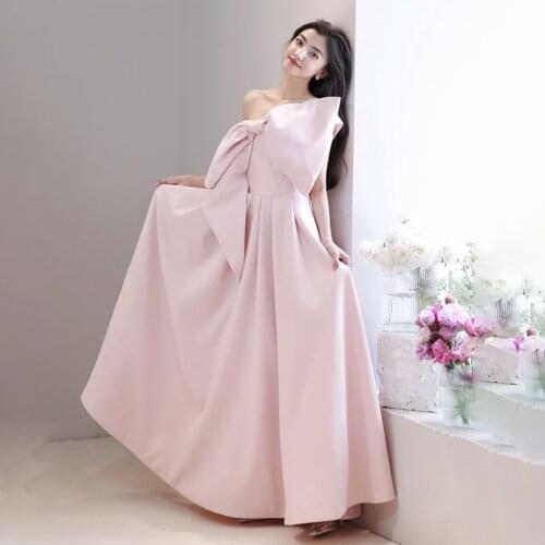 Evening Dress Pink Bow One-Shoulder A-Line Empire Sleeveless Simple Pleat Floor-Length Fashion Woman Formal Party Gowns A1360