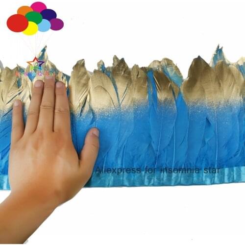 2 Meter Dyed blue lake Dress Goose feather fringe paint gold tips Feathers Trims with Satin Ribbon Tape plumas faisan colores