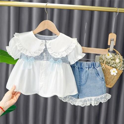 2021 Summer Infant Girls Clothing Sets Toddler Baby Casual Clothes Lace Bowknot T Shirt Shorts Sweet Kids Vacation Party Outfit