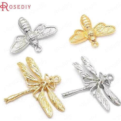 6PCS 24K Gold Color Plated Brass Dragonfly and Bee Charms Pendants Diy Jewelry Findings Earrings Accessories Wholesale