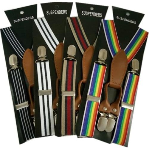 BD048-S Fashion kids striped suspenders High quality leather 4 clips-on braces for 2-8 years children Christmas gift