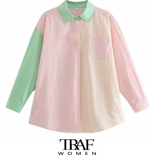 TRAF Za Women Fashion With Pockets Patchwork Oversized Blouses Vintage Long Sleeve Button-up Female Shirts Chic Tops