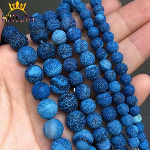 Natural Stone Beads Frost Dark Blue Cracked Dream Fire Dragon Veins Agates Beads For Jewelry Making DIY Bracelet 15‘’ 6/8/10mm