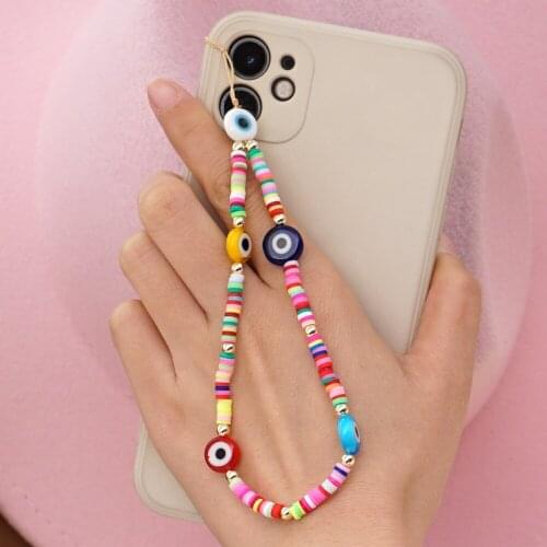 Chain For Mobile Phone Wrist Strap Polymer Clay String Phone Lanyard 2021 Fashion 4mm Heishi Disc Beads Evil Eye Chains