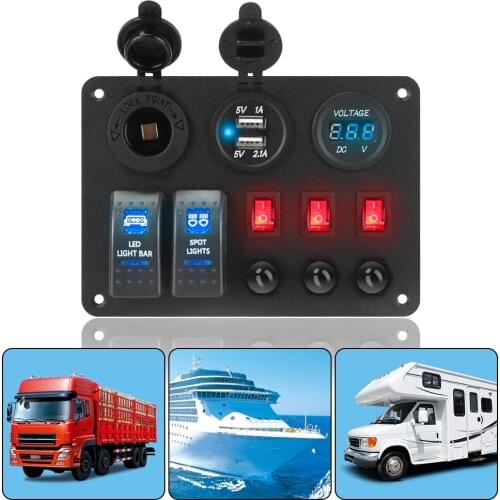 Digital Voltmeter With Overload Protector Dual USB Ports Car Marine RV Circuit LED Breaker 2+3 Gang Rocker Switch Panel