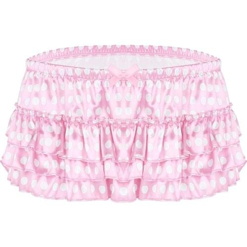 Men Sissy Panties Lingerie Erotic Sexy Underwear Soft Shiny Satin Polka Dot Tiered Ruffle Gay Skirted Boxer Briefs Underpants